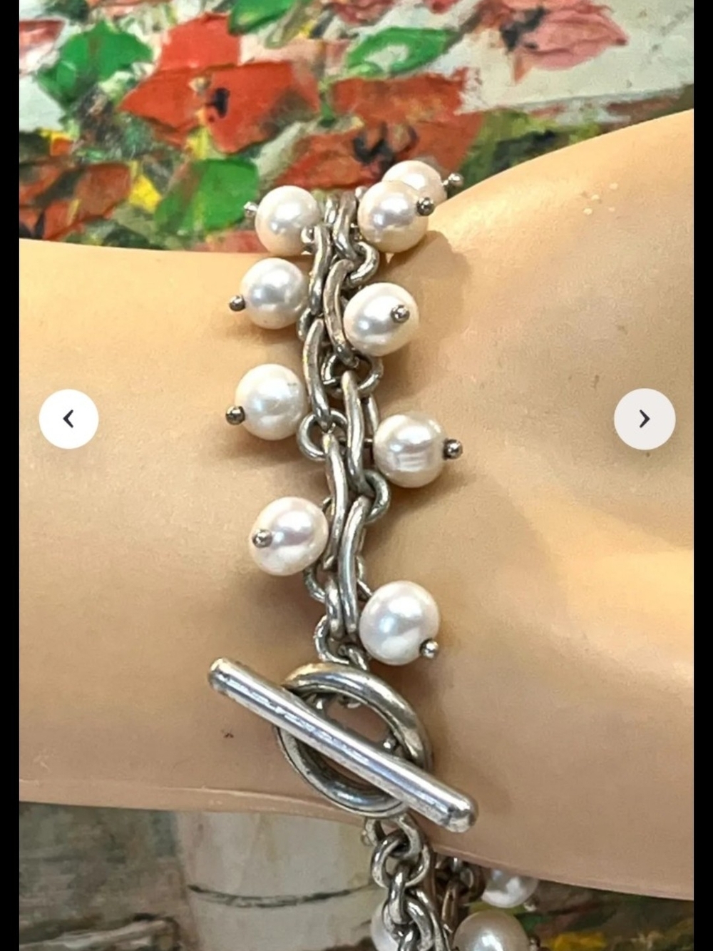 Vintage Silver And Pearl Charm Toggle Bracelet - White Pearls